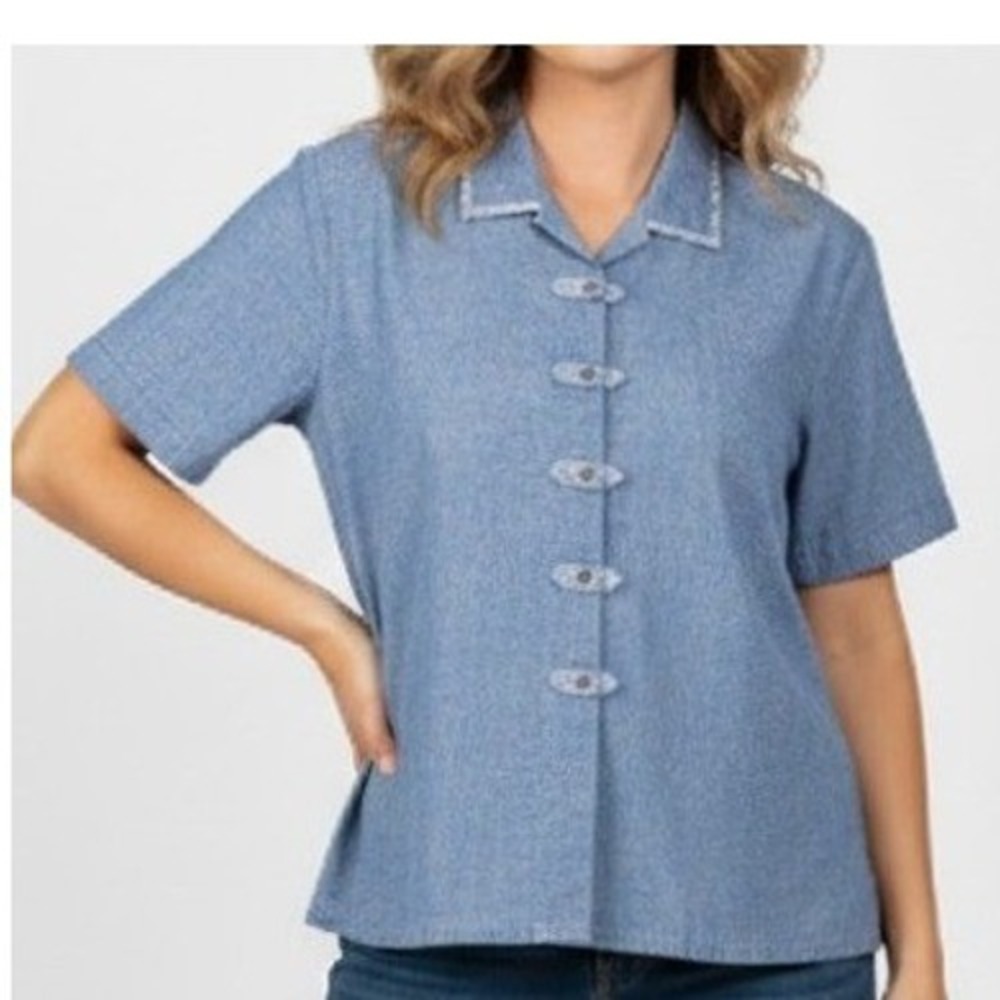 KORET City Blues Linen Rayon Blend Button Up Shirt Top Sz L Coastal Chic